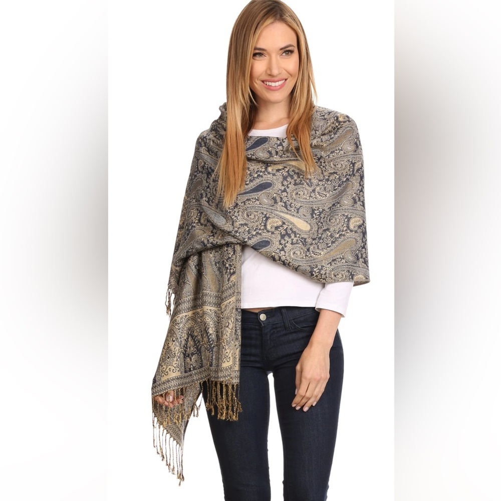 NEW Elegant Paisley Shawl Wrap Scarf Black Silver Gold 22 wide x 80 inches long